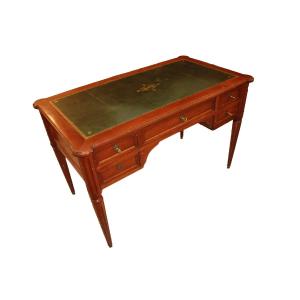 Scrivania Stile Luigi XVI Francese in Legno di Noce con Piano in Pelle Verde