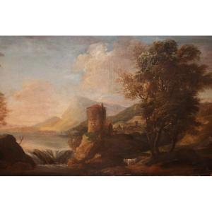 Olio su tela italiano del 1700 raffigurante paesaggio con personaggi, cascata e veduta cittadin