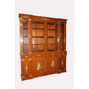 Grande libreria francese della seconda metà del 1800, stile Impero, in legno di maples e radica
