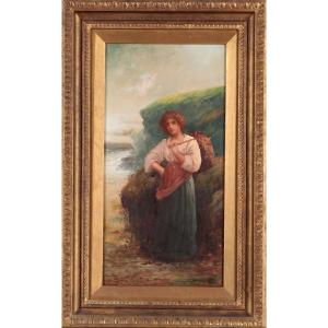Olio su tela raffigurante personaggio femminile ritratto a figura intera nei pressi di un corso