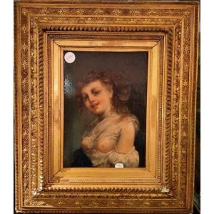 Olio su tavola raffigurante donna con volto provocante e con indosso un vestito che le tiene i 