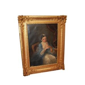 Olio su tela francese del 1800 raffigurante Ritratto di Dama