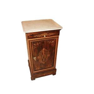 Comodino Francese stile Carlo X con Marmo e Intarsi XIX secolo