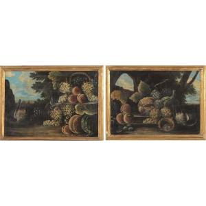 Coppia di oli su tela italiani di inizio 1800, raffiguranti Natura Morta