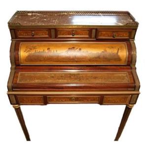 Scrittoio francese a rullo, in mogano, della metà del 1800 stile Luigi XVI con dipinti tecnica 