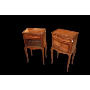 Coppia di comodini Maschio Femmina francesi di fine 1800, stile Transizione, in legno 