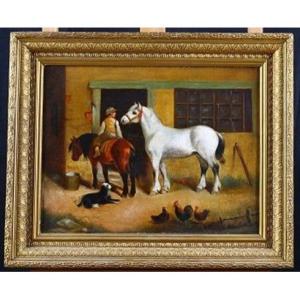 Olio su tela inglese della seconda metà del 1800, raffigurante bambino a cavallo.