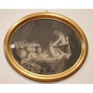 Antica stampa francese di fine 1800 raffigurante una giovane don na seminuda che gioca su di un
