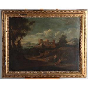 Olio su tela italiano della prima metà del 1700, raffigurante paesaggio con 3 personaggi 