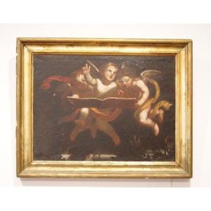 Antico olio su tela italiano del 1600 raffigurante 3 angeli cherubini che sospesi per aria, sor