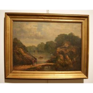 Olio su tela inglese di metà 1800 raffigurante paesaggio campestre con personaggi e corso d'acq