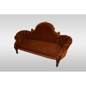 Divano inglese di metà 1800, stile Vittoriano, in legno di noce e radica di noce