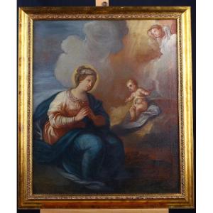 Olio su tela italiano di inizio 1700, ritelato, raffigurante "Adorazione"