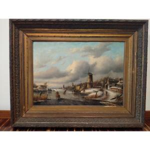 Olio su tela raffigurante paesaggio con fiume arricchito da personaggi su patti ni e slitte