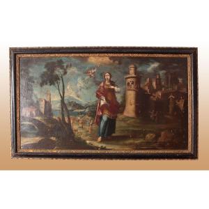 Grande tela raffigurante S.Barbara di provenienza spagnola, epoca 1760. Dimensioni cm 223 x 132
