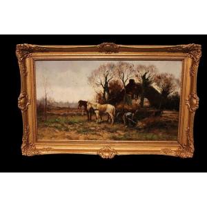 Olio su tela di inizio 1900 firmato Cor Bouter 1888-1966 (C.Verschuur) raffigurante scena campe
