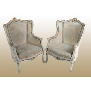Coppia di stupende poltrone Bergere francesi della seconda metà del 1800, stile Luigi XV, in le