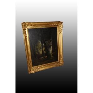Bellissimo olio su tele francese della seconda metà del 1800, raffigurante Bosco con coppia