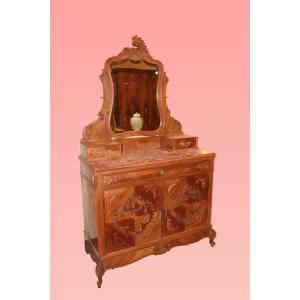 Credenza francese con specchiera di fine 1800 inizio 1900, stile Luigi Filippo, in legno di noc