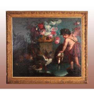 Olio su tela che raffigura paesaggio lacustre con animali e fanciullo o putto