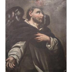 Olio su tela raffigurante San Vincenzo con ali e fiamma dello spirito santo ardente sul capo