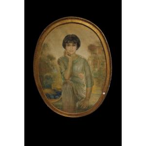 Olio su tela ritratto fanciulla in stile Liberty - XX secolo