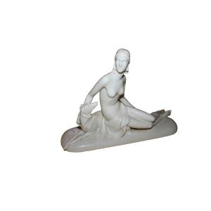 Statuina tedesca Rosenthal in porcellana bianca – Inizio ’900, donna con levriero