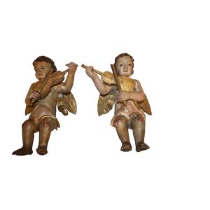 Coppia di Puttini in Legno Italiani di fine 1600