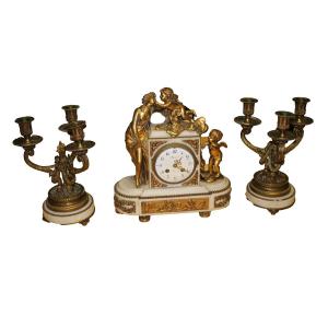 Trittico Francese di metà 1800 Orologio in marmo con Candelieri in bronzo