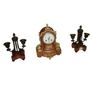 Trittico Orologio e Candelieri in Porfido Rosso XIX fine XX inizio
