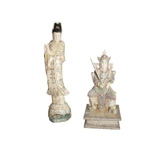 Coppia di Sculture Asiatiche in Mammut Guanyin e Guan Yu