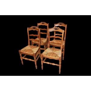 Gruppo di 4 Sedie Campagnole con Seduta in Paglia di Fiume fine 1800
