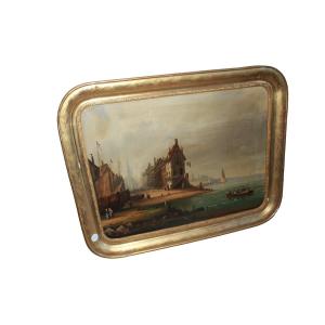 Olio su Tela Olandese del 1700 Raffigurante Marina