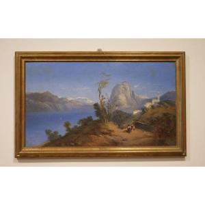Olio su tela raffigurante paesaggio montano con lago