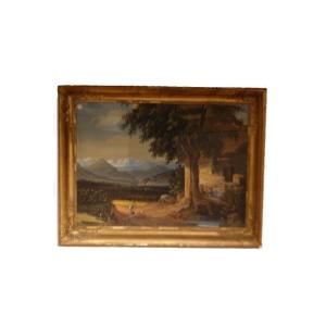 Acquerello francese "Paesaggio campestre con personaggi"