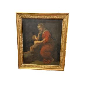Madonna con Bambino (tipo "Vierge au voile") – Olio su tela antico, in ricca cornice dorata a p