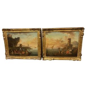 Coppia di dipinti a olio su tela, XVIII secolo: "Marine con allegorie dell'Inverno e della Prim