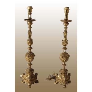 Paire De Lampes Bougeoirs En Bronze Doré Des Années 1800