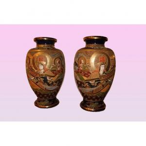  Paire De Vases Japonais Satsuma Des Années 1800 Richement Décorés