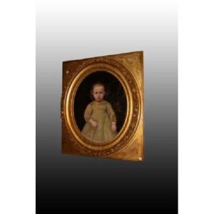 Huile Sur Toile Ovale Avec Beau Cadre Français Des Années 1800 Portrait d'Une Jeune Fille