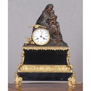 Horloge Française En Bronze Avec Socle En Marbre Représentant La Vierge Avec l'Enfant Jésus 