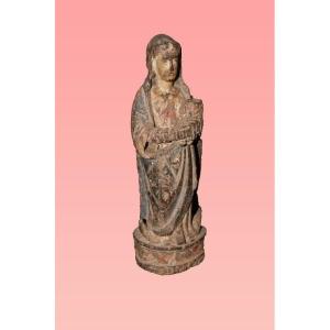 Sculpture Antique Vierge à l'Enfant En Bois Décoré Des Années 1600 Français