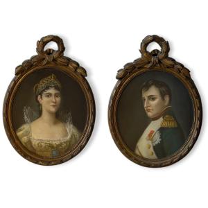  Pastel Pair Of Portraits Of Napoleon Bonaparte And Josephine
