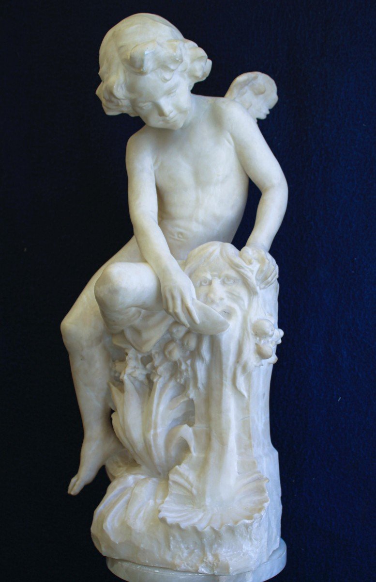 Grande Statua giovane fanciullo Alato Marmo , Pugi 