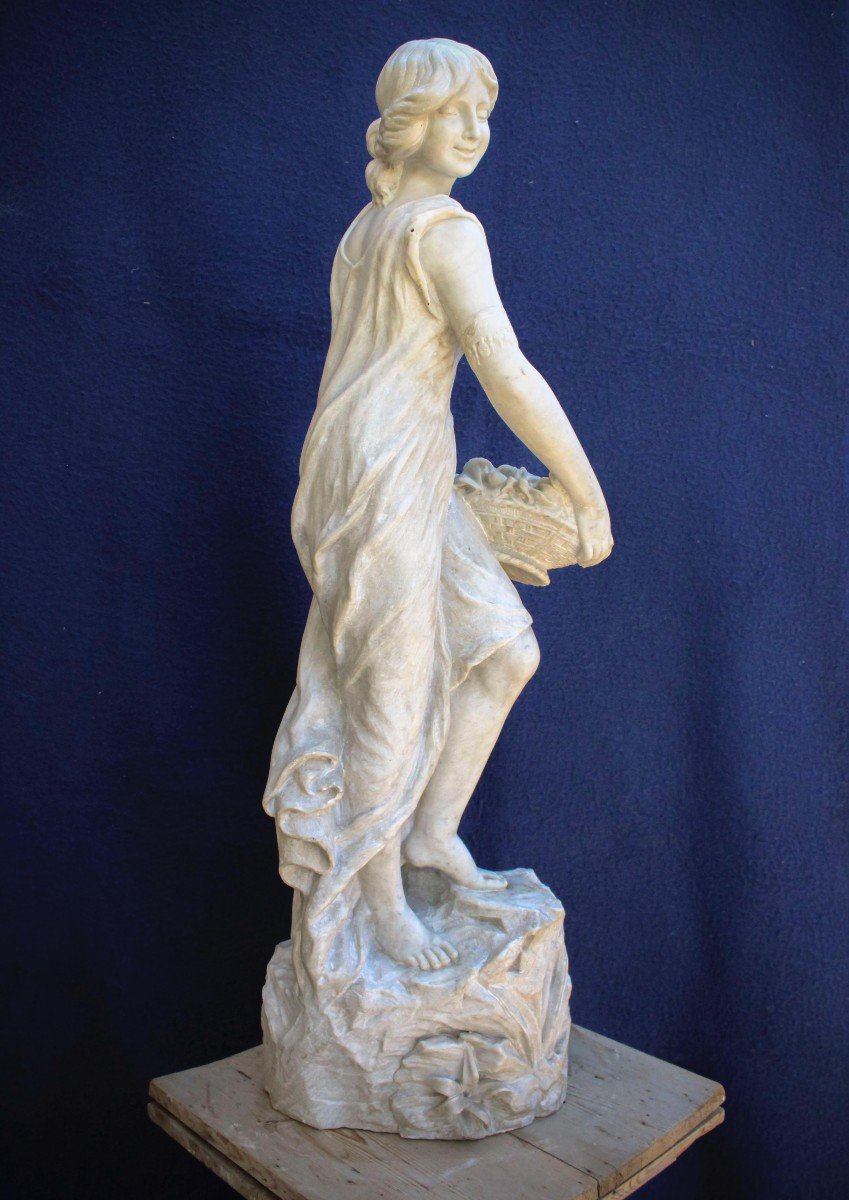 Grande Statua Dama con cesto di fiori in mano Marmo Carrara -photo-2