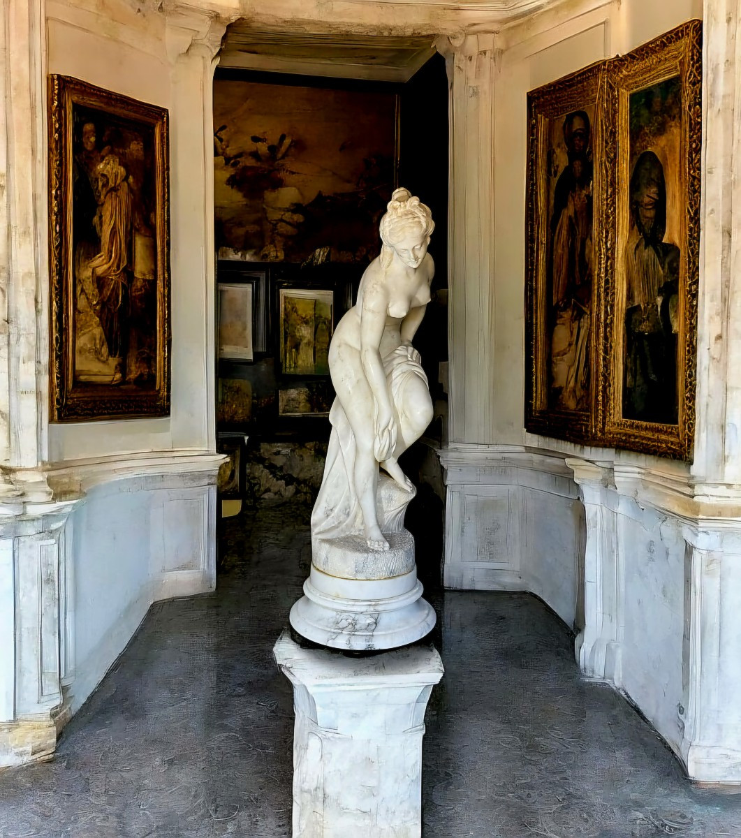 Statua raffigurante una fanciulla nuda (Baigneuse) , Allegrain, Marmo Carrara 
