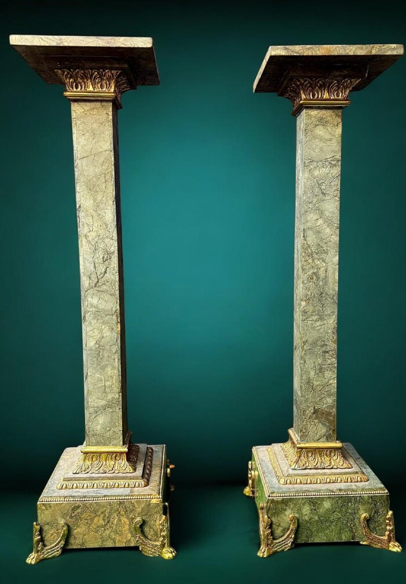Coppia di Colonne in Marmo Verde con elementi decorativi in Bronzo Dorato-photo-2