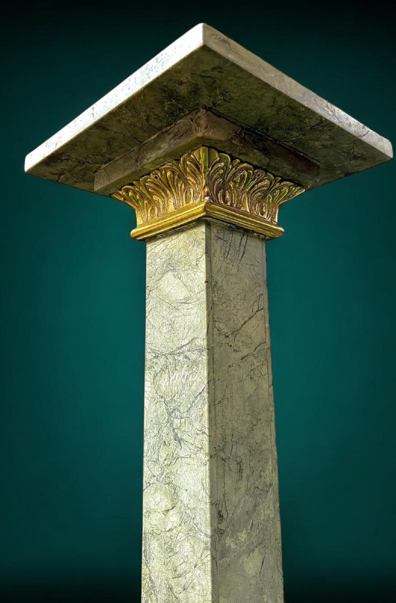 Coppia di Colonne in Marmo Verde con elementi decorativi in Bronzo Dorato-photo-2