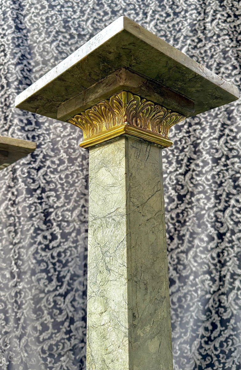 Coppia di Colonne in Marmo Verde con elementi decorativi in Bronzo Dorato-photo-5