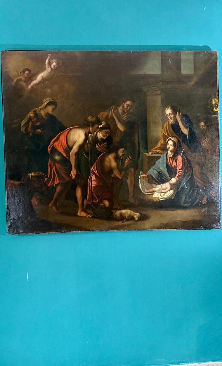 Grande Dipinto antico raffigurante la Sacra Natività, firmato e datato 1665-photo-2